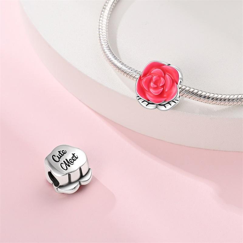 Charm Bead Charms Authentic copper Romantic Red Roses Bead Charms Compatible With Bracelets Diy Fine Gift Women Delicate Jewellery Accessory