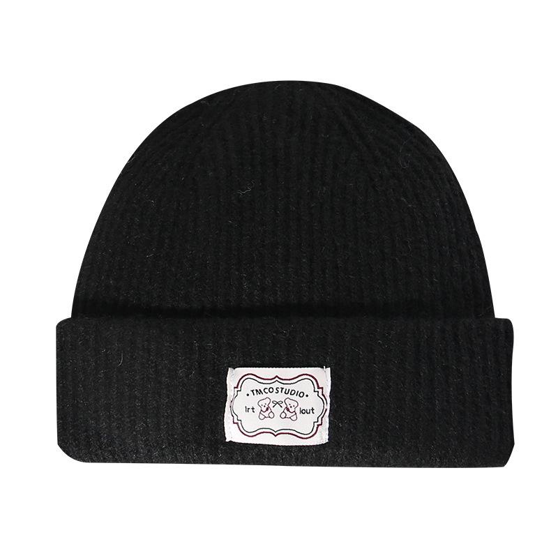 Autumn and Winter Hats for Women Cute Bear Cloth Label Woolen Hat Warm Ear Protection  Outdoor Street Knitted Hat  Small Cold Hat Showing Face