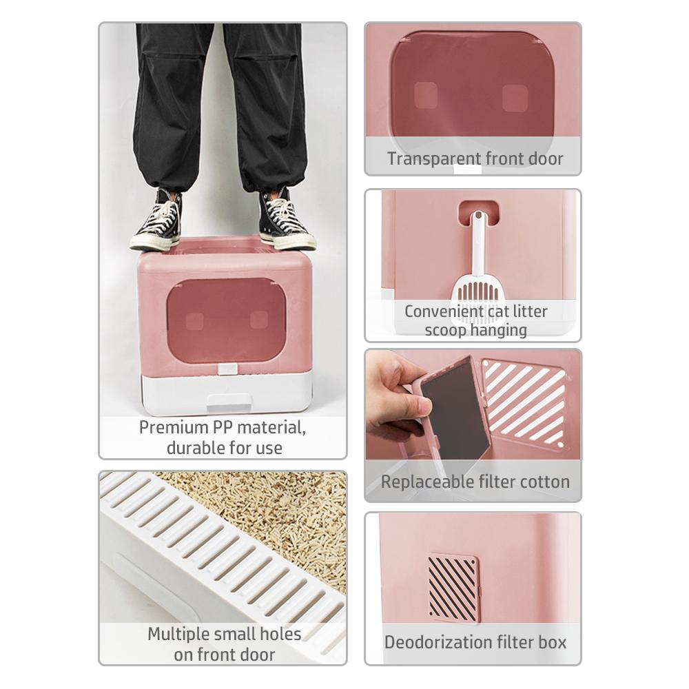 Portable Foldable Cat Litter Box Large   Enclosed Cat Potty Toilet Front Entry Top Exit with Lid Litter Scoop