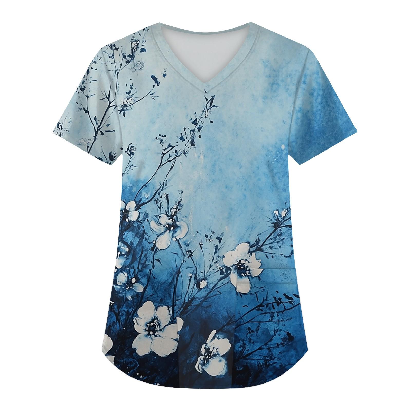 

Женская мода с коротким рукавом и V-образным вырезом с карманами и цветочным принтом Топы Одежда L синий