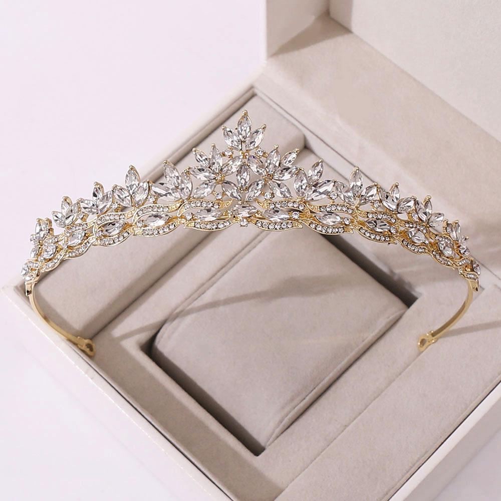 DIEZI Elegant Green Blue Leaves Rhinestone Tiara Crown For Women Party Wedding Bridal Bride Crystal Tiara Crown Hair Jewelry