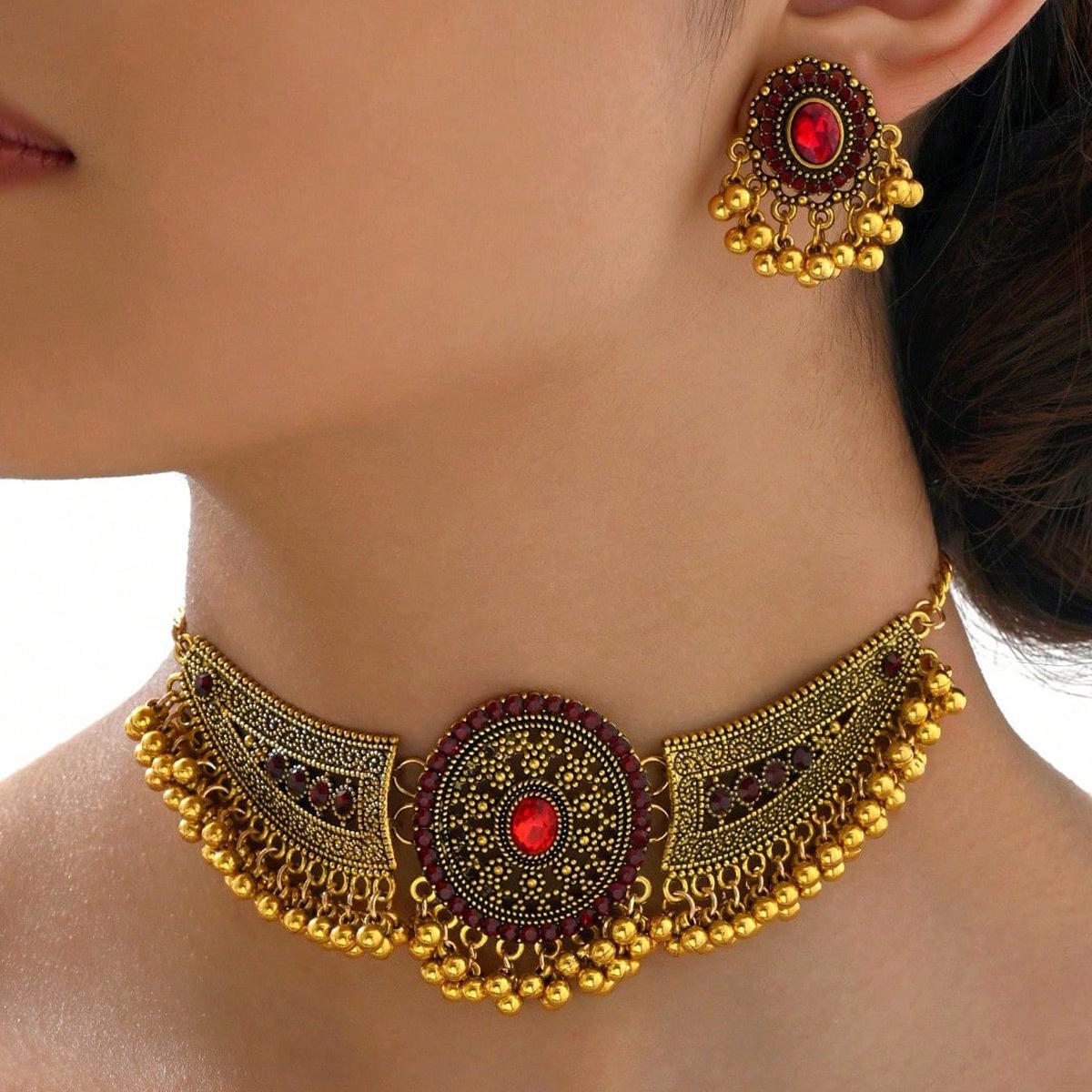 European, American Retro Middle Eastern Famous Style Flash Diamond Wings Dripping Ears Exaggerated Women s Necklace Earrings Jewelry Set красный
