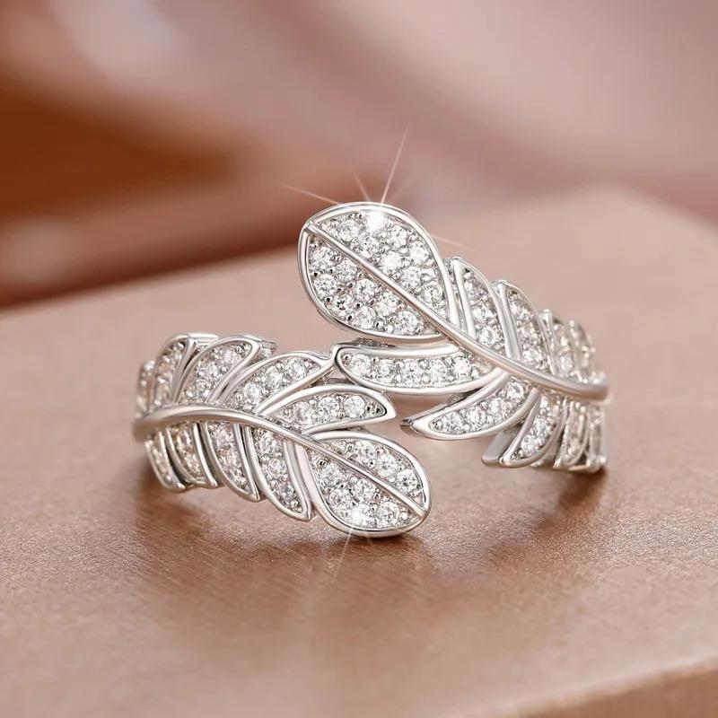 

Fashion Women Feather Sterling Silver Finger Ring Paved CZ Feather Exquisite Women Accessories Wedding Party 9 білий