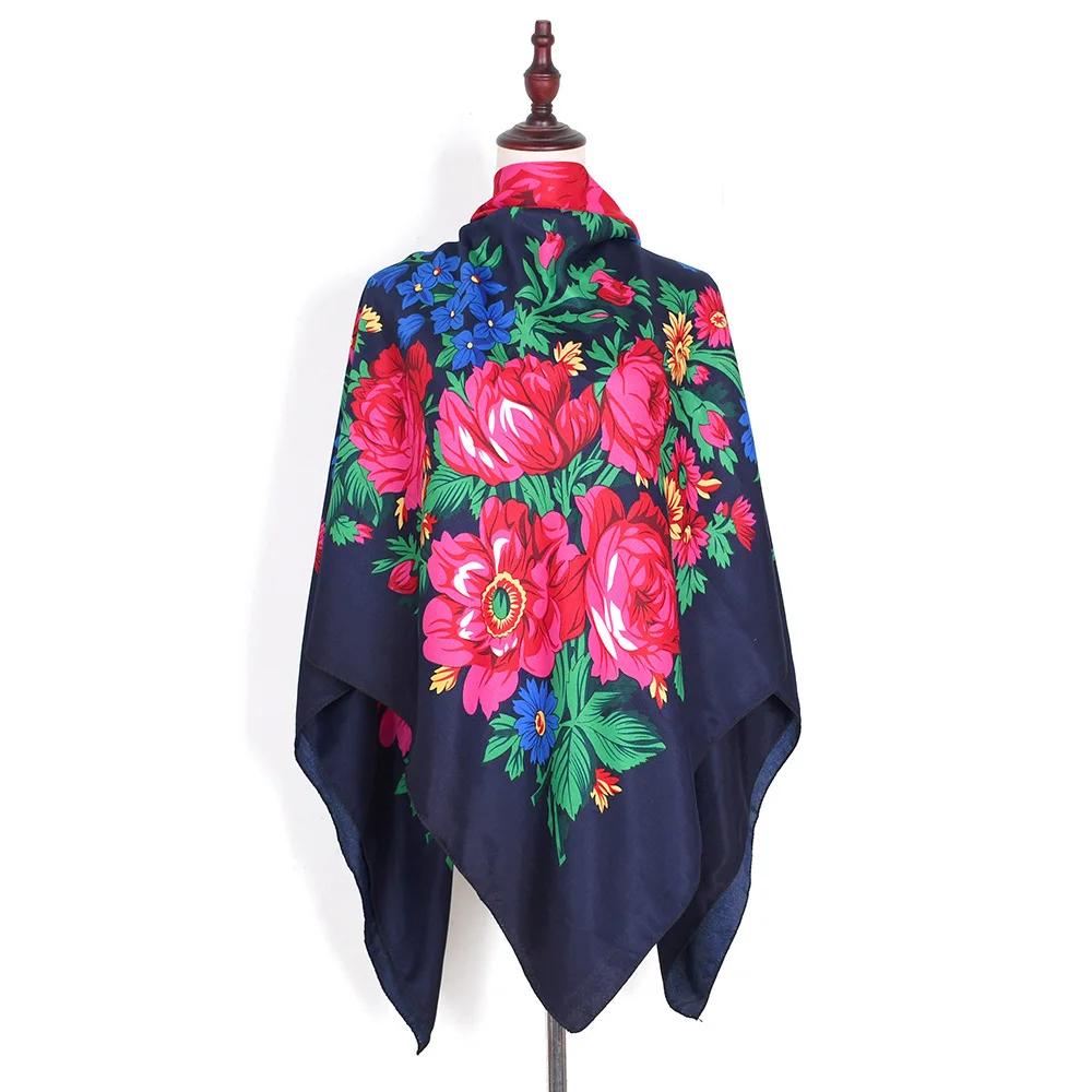 

140*140 см квадратный платок с русским цветочным принтом темно-синий