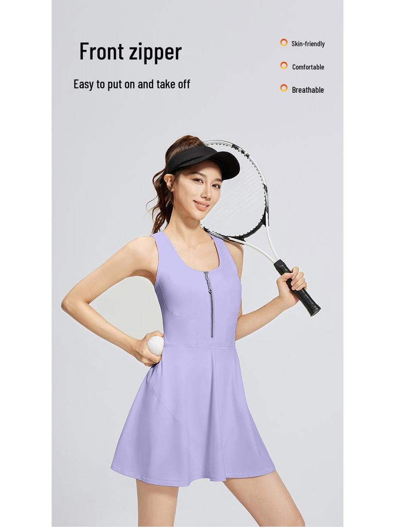 Kangnian Zipper Jumpsuit Skirt: Anti-Exposure Tennis & Running Dress