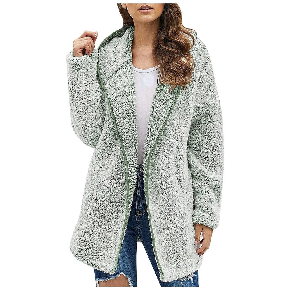Autumn and Winter Casual Solid Colour Lapel Hooded Long-sleeved Women Plush Sweater Fleece Jacket