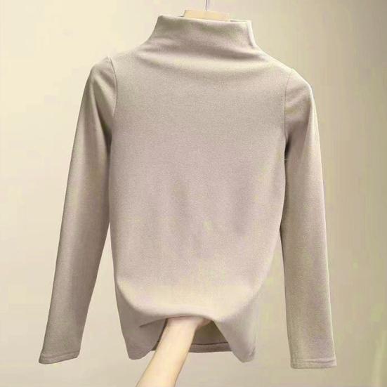 Half High Collar Long Sleeves Slim Fit Bottoming Blouse Autumn Winter Thickened Fleece Lined Pure Color Thermal Top Daily Clothing