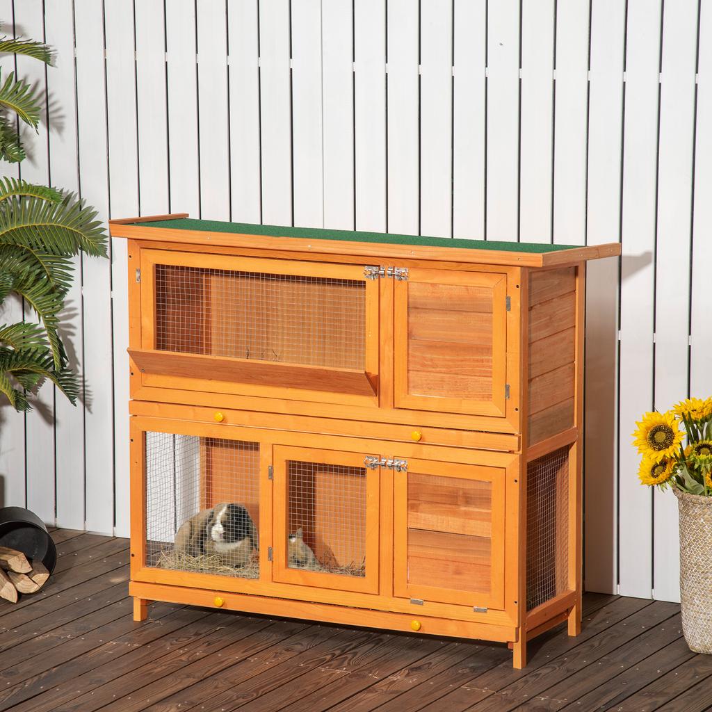 Outdoor Wooden Rabbit Hutch with House and 2-Story Enclosure, 122x48x100 Cm