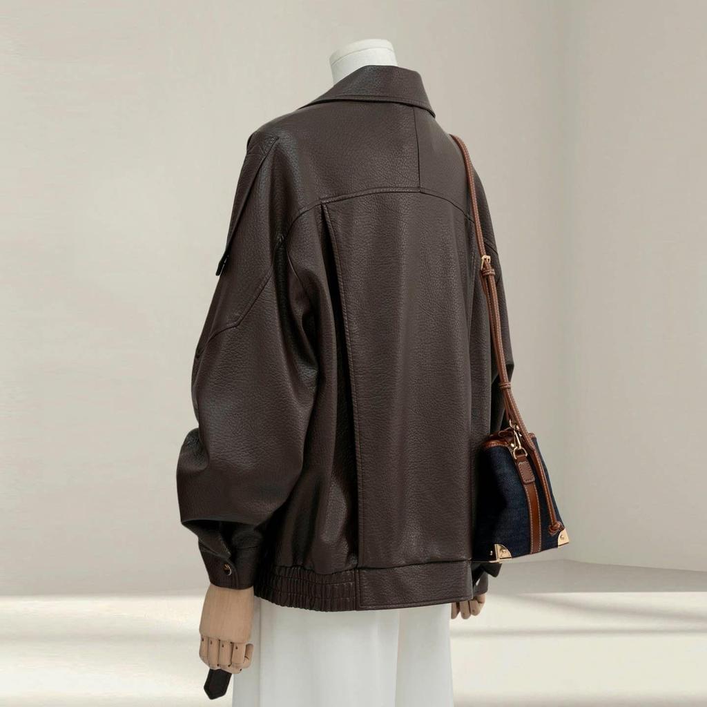 Meilade Damen Verdickte Leder Motorradjacke, Herbst/Winter 2026, Nischenstil, Mit Samt gefüttert, Lockerer Schnitt.