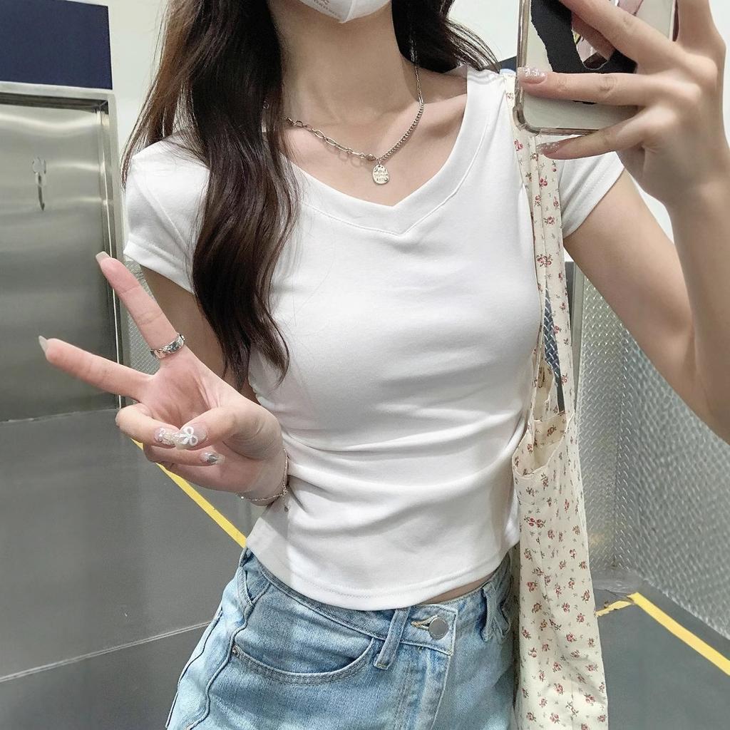 White V-neck Short-sleeved T-shirt Women's Summer Waist Sweet Hottie Short Top
