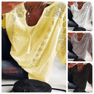 Spring Summer Women Solid Casual Top Shirt New Fashion Elegant Loose Black Office Holiday Lace Splicing Shirts Women Clothes