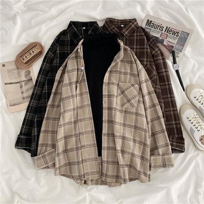 Vintage Women Plaid Shirts Autumn Long Sleeve Oversize Button Up Tops Korean Loose Casual Fall Outwear Femme Shirts Plus Size