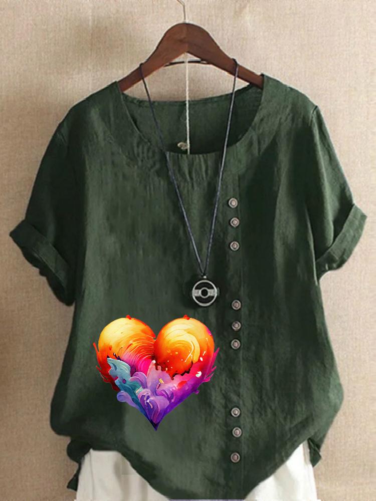 Women's Fashion Flame Love Print Round Neck Short Sleeve T-shirt Summer Casual Cotton Linen Graphic Shirt Leisure Loose Blouse Tops
