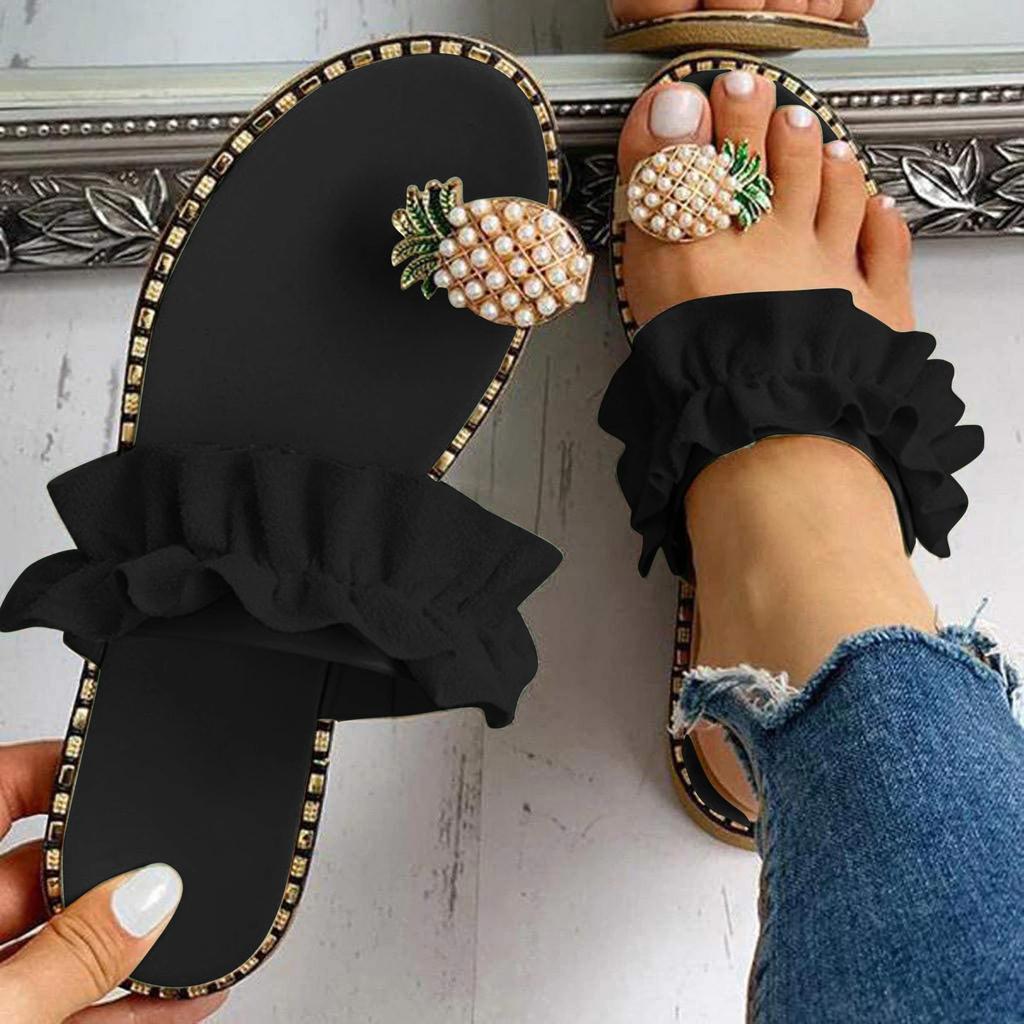 Fashion Women Slipper Pineapple Pearl Flat Toe Bohemian Summer Beach Sandals Ladies Shoes plus size