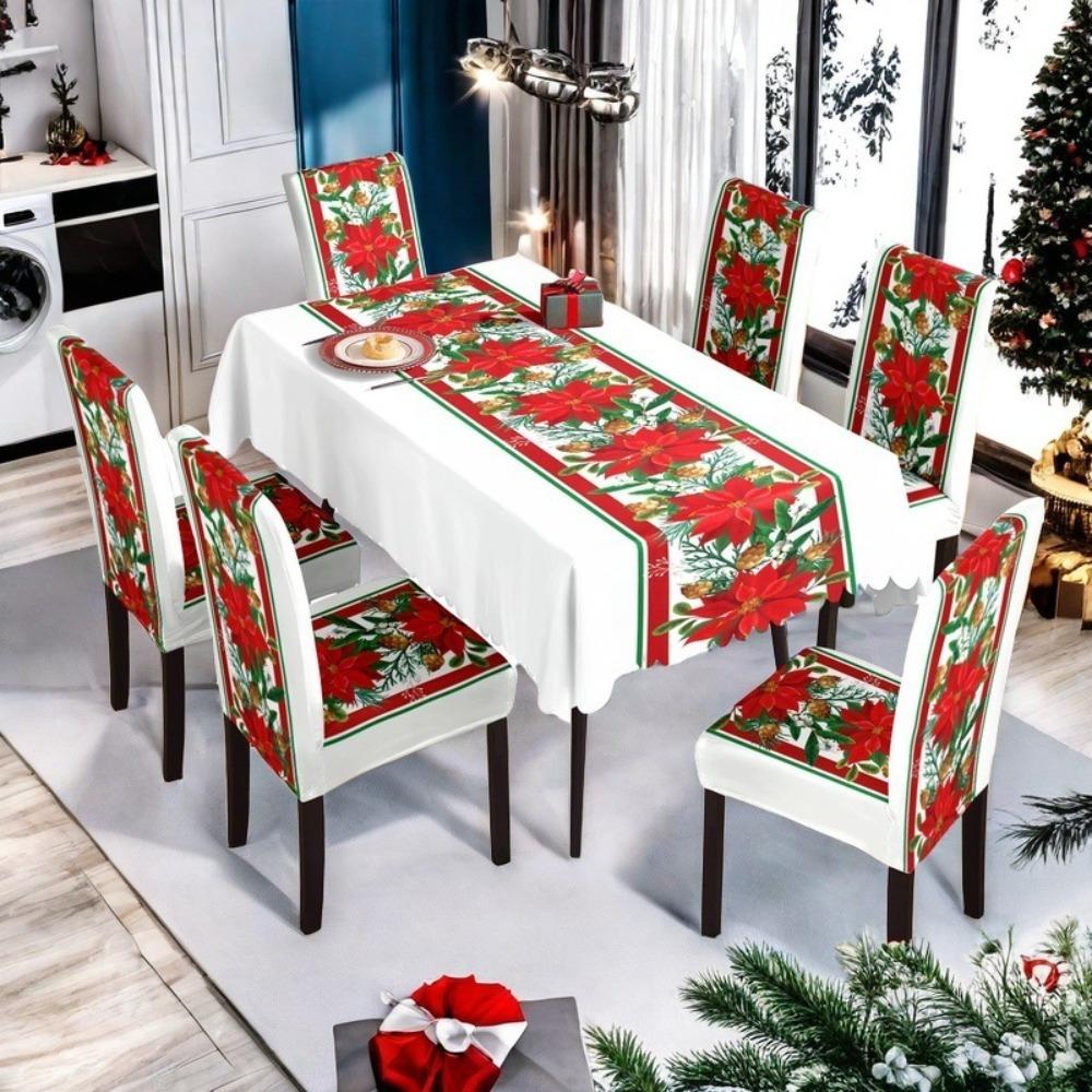 Christmas Waterproof Printed Tablecloth and Chair Covers Set Holiday Dining Decor