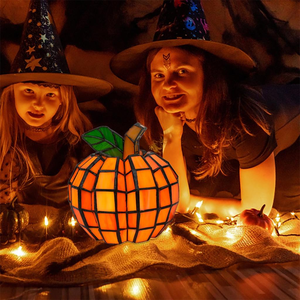 Patch Pumpkin Resin Light, 6.5in Faux Stained Glass Table Lamp, Halloween Fall Decor , Plug-In Night Light For Home, Gift