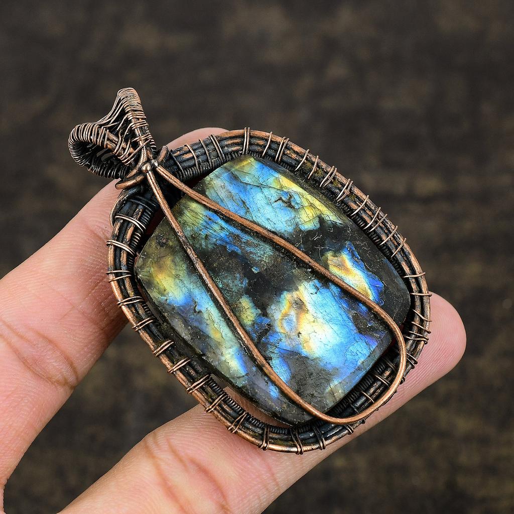 Natural Labradorite Gemstone Handmade Copper Wire Wrap Gift Pendant 2.6" w1i83
