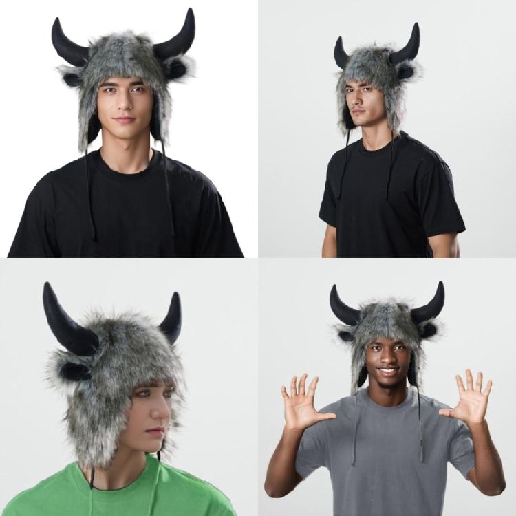 Animal Earflap Hat Cosplay Headwear Winter Warm Hat with Bull Horn For Women Teens Halloween Party Costume Accessories