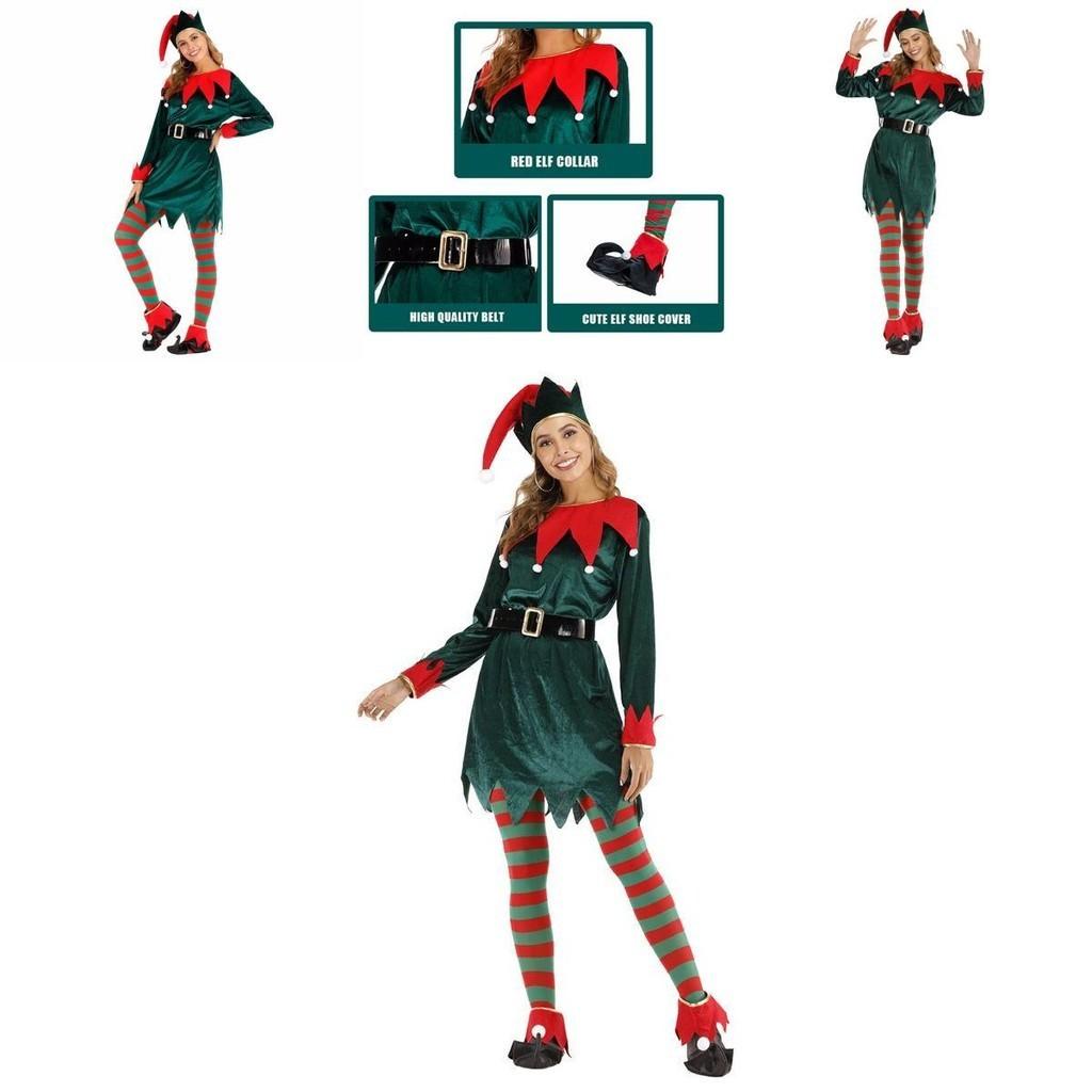 Women's Xmas Elf Cosplay Costume Soft Velvet Skirt With Bells Serrated Cuffs