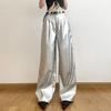 Edgy Punk Design Silver Shiny PU Leather Loose Draped Casual Trousers for Women