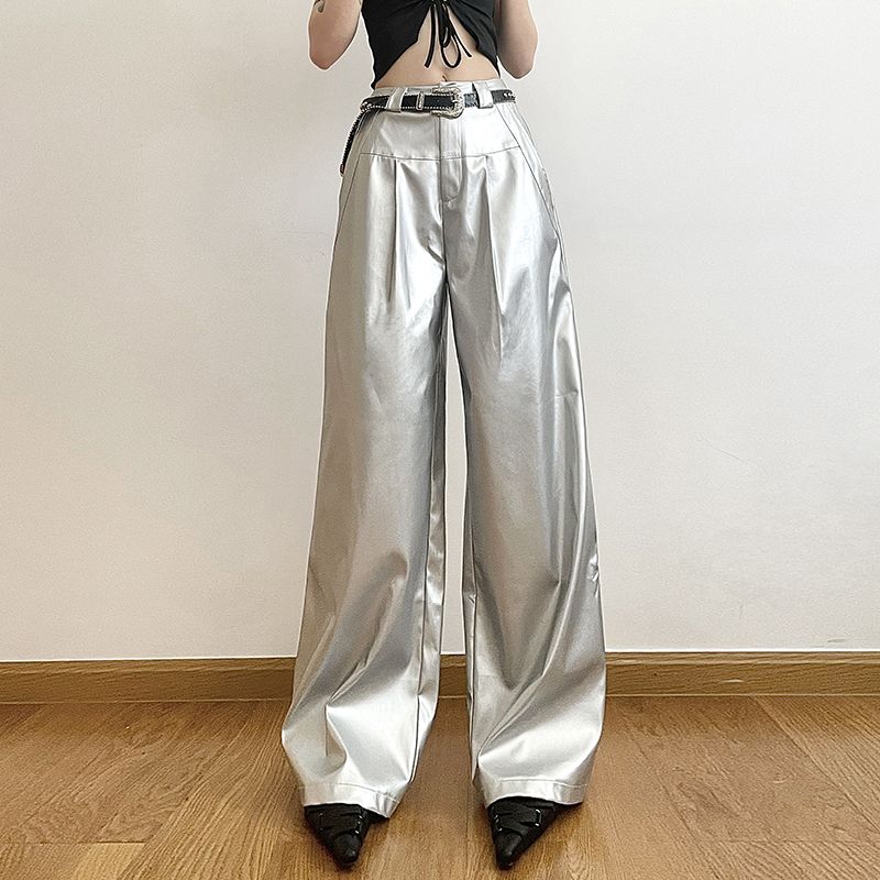 Edgy Punk Design Silver Shiny PU Leather Loose Draped Casual Trousers for Women
