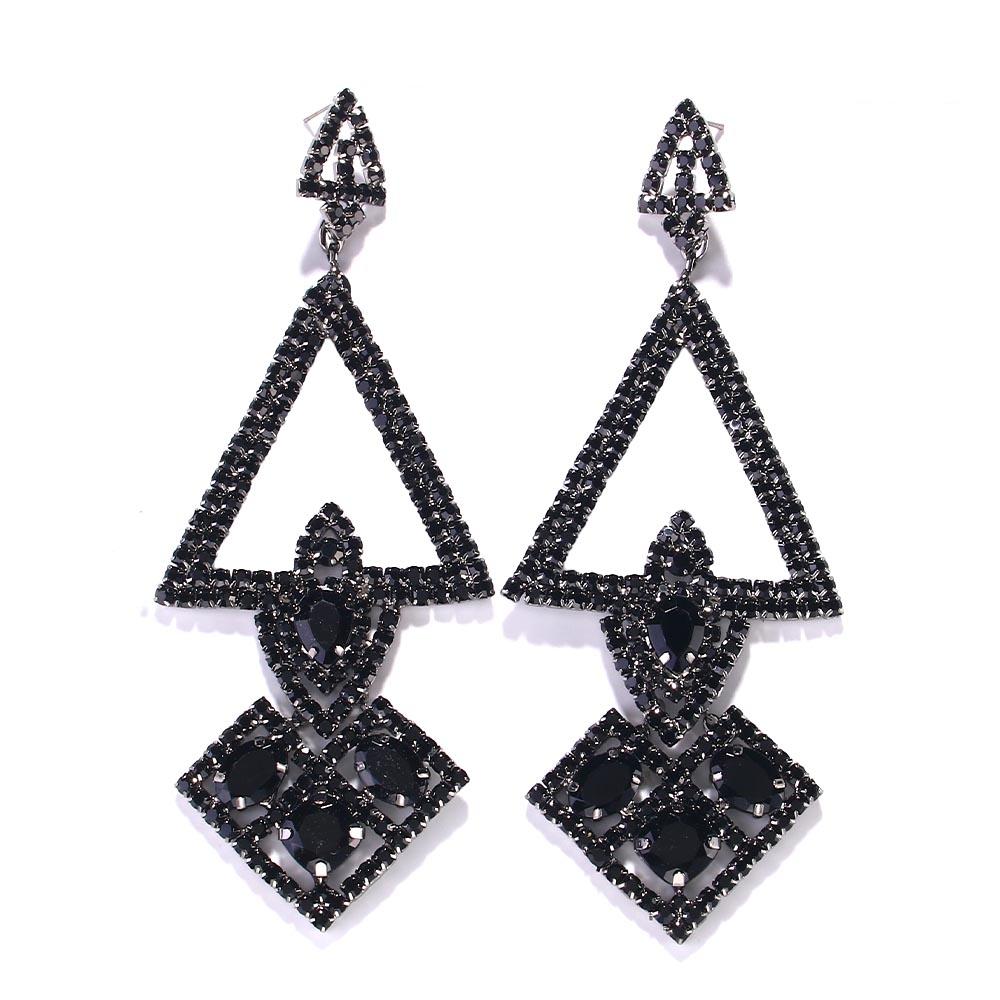 Black Large Geometric Rhinestone Dangle Earring for Women Statement Accessories Drop Crystal Tassel Earrings Party Jewelry