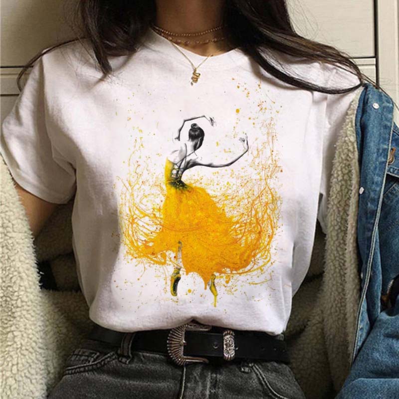 New Watercolor Ballet Dancer Print Women's T-shirt Casual Dance Ballet Round Neck Summer Outfit Harajuku Retro Top