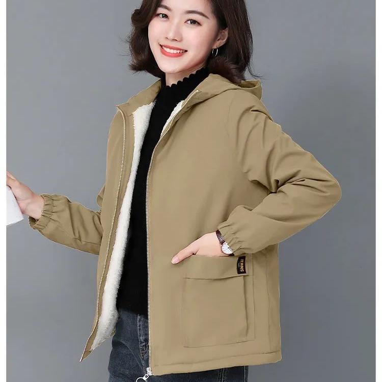 Women's Fleece Jacket Autumn Winter Short Thick Warm Zipper Jacket Loose Women's Hooded Coat Plus Size