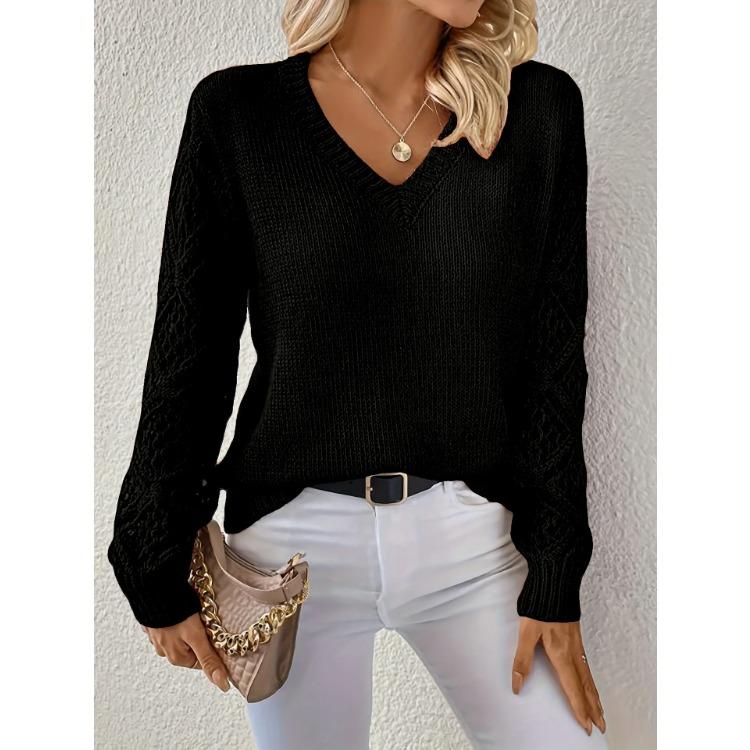 2025 Модные повседневные свитера, топы для женщин, однотонные вязаные свитера с V-образным вырезом, осенние вязаные пуловеры S чёрный