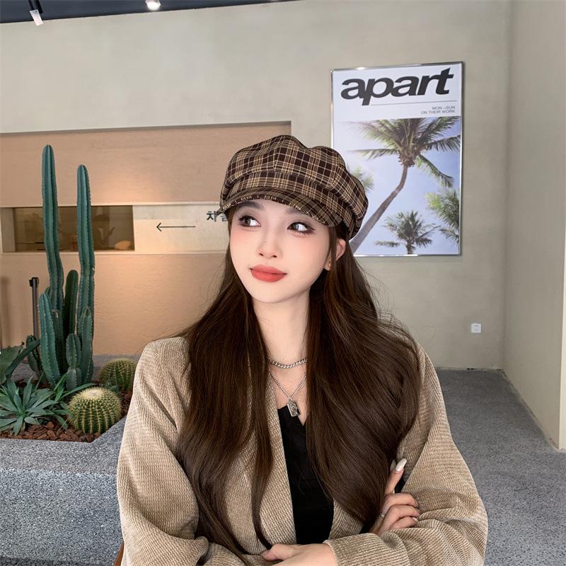 

Корейская новая шляпа женская осенне-зимняя клетчатая восьмиугольная шляпа модная темпераментная шляпа газетчика универсальная повседневная кепка с козырьком One size