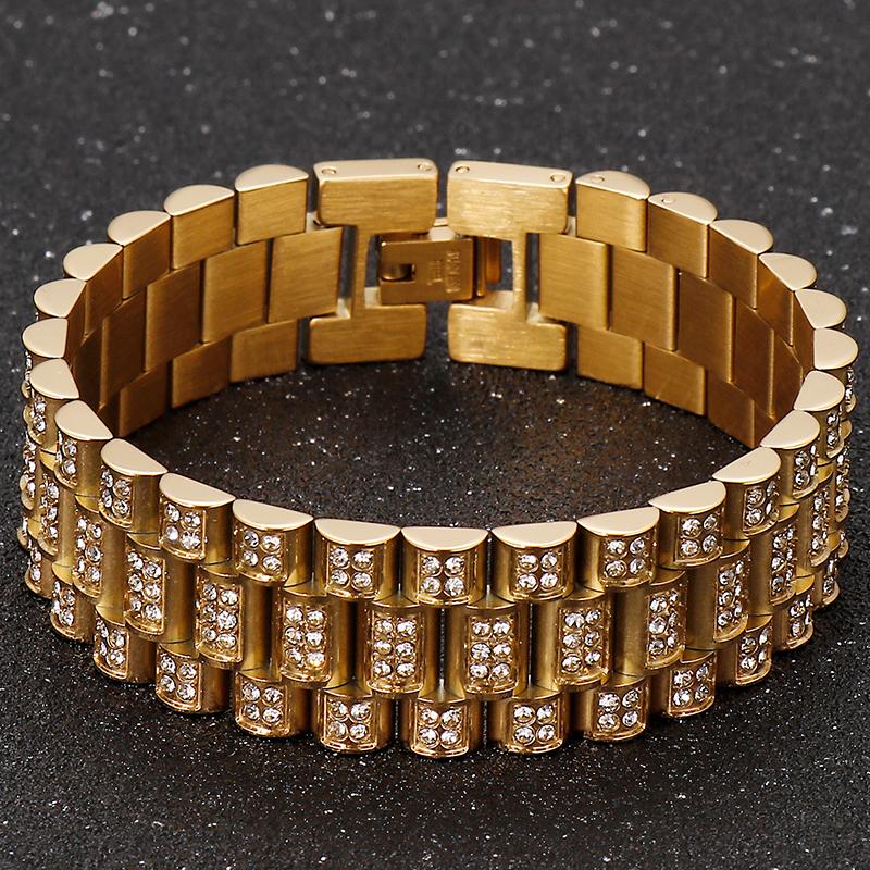 Hiphop 18MM szeroki pasek zegarka łańcuch na rękę bransoletka dla mężczyzn złoty kolor stal nierdzewna biżuteria charm bransoletki dla kobiet panie