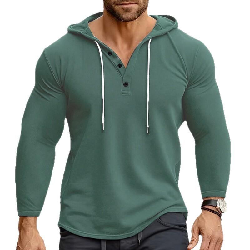 Men's Sports Leisure Fitness Hooded Button Long Sleeve T-Shirt Hoodie Top