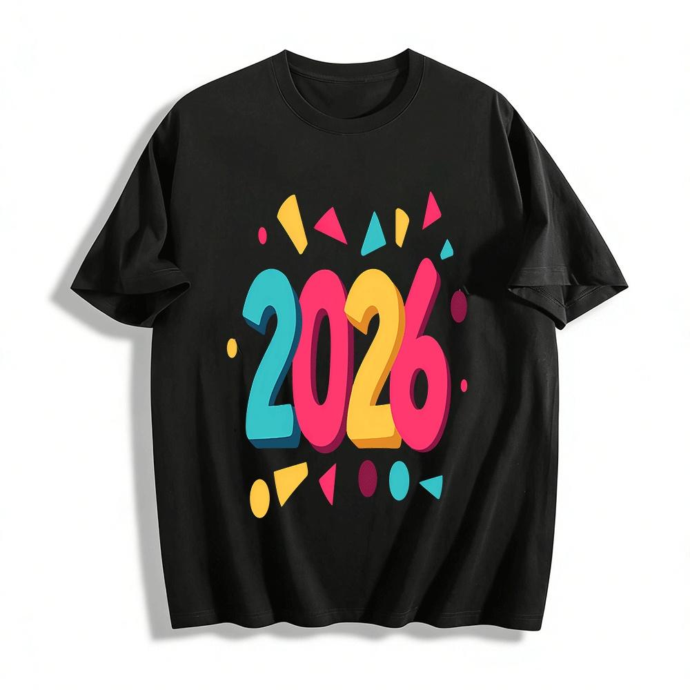 

2026 New Year Printed Casual Top Loose Tee For New Year Party Pure cotton T-shirt XXS