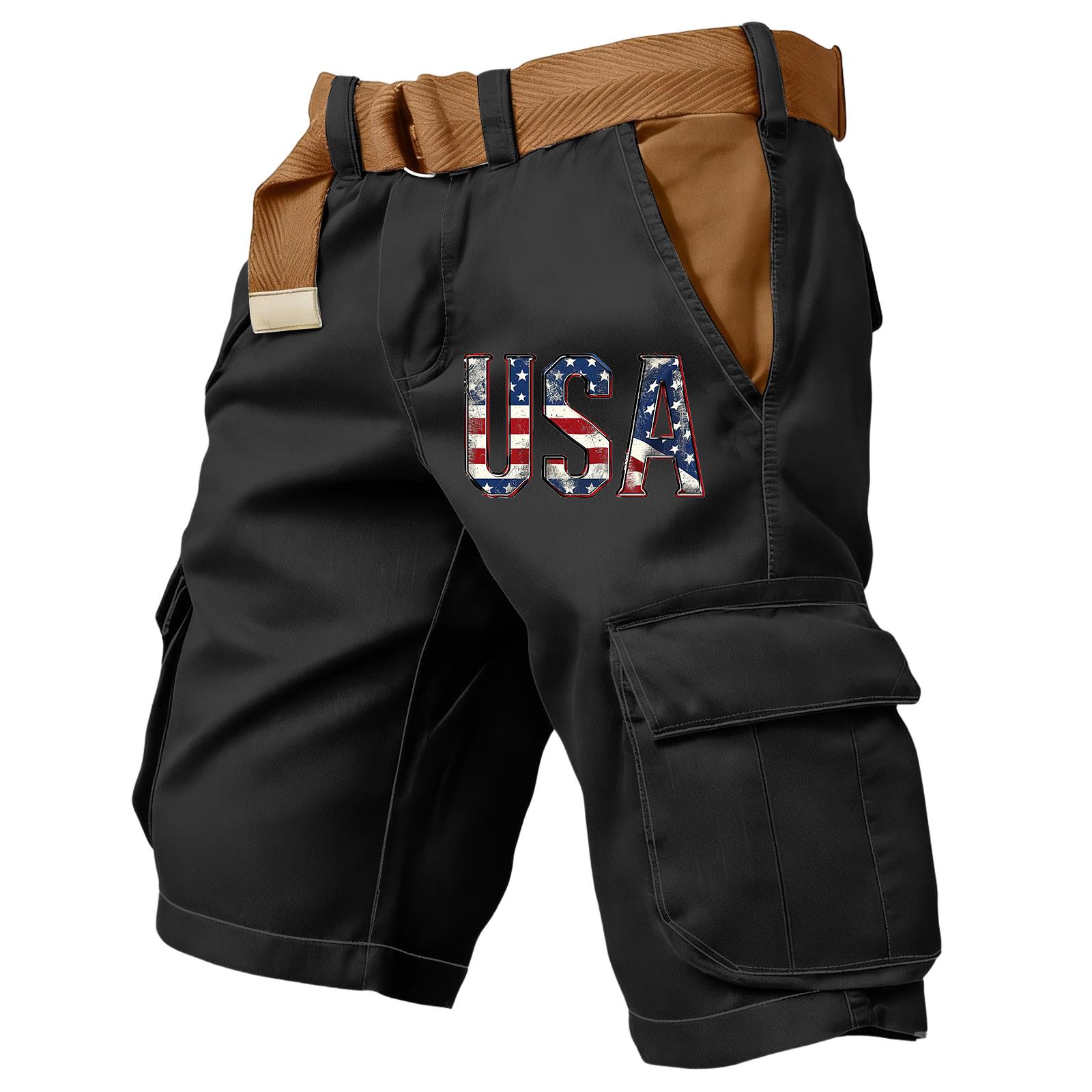 

Men s independent day print outdoor casual patchwork pocket work pants sports shorts L чёрный