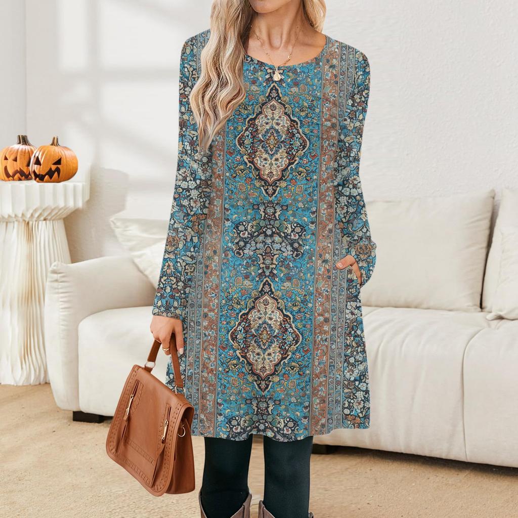 Damen Lässige Mode Langarm Grafikdruck Vintage Kleider mit Taschen