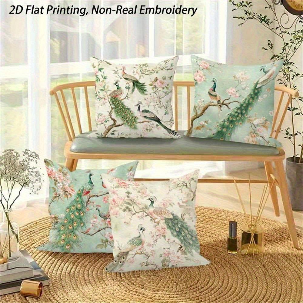 Vintage Peacock & Floral Pillowcase - Pastel Botanical Print Pillow Cover for Sofa Bedroom Living Room