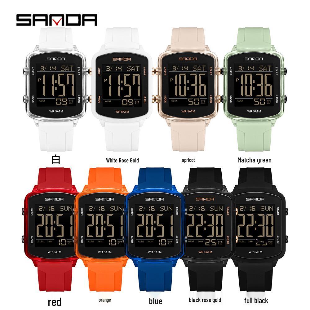 Sanda Dual Time Waterproof Transparent Sports Wristwatch with Colorful Single Display and Student Timer Function