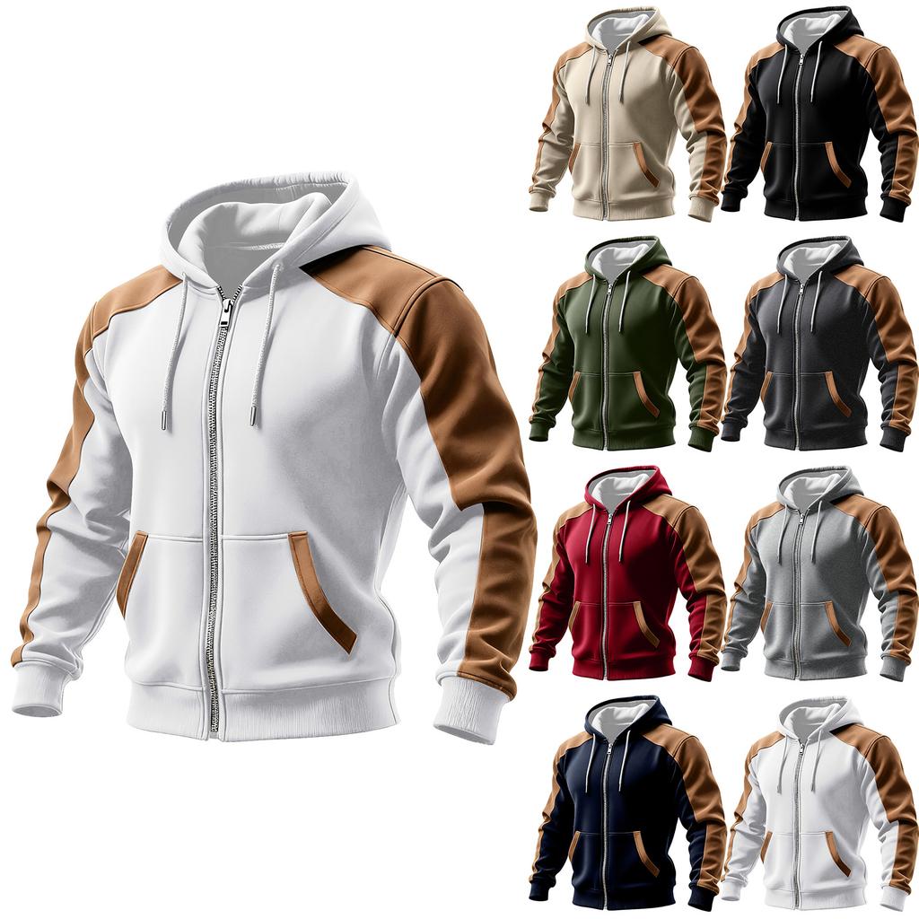 Men's Colorblock Zipper Pocket Hooded Cardigan Men's Sports Large Size Casual Hooded Cardigan