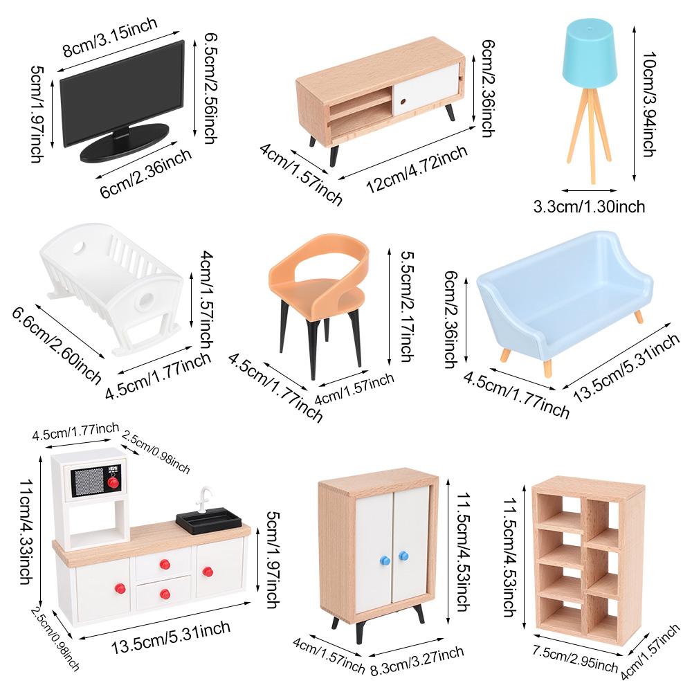 1:12 Dollhouse Furniture Miniature Television Bookshelf Bed Sofa Wooden TV Cabinet Chair Bedside Lamp Dolls House Accessories
