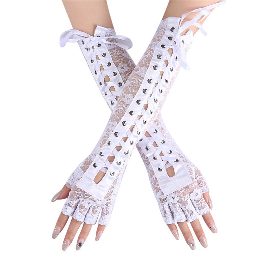 

Long Lace Fingerless Gloves with Corset Lace Up, Gothic Cosplay L чёрный