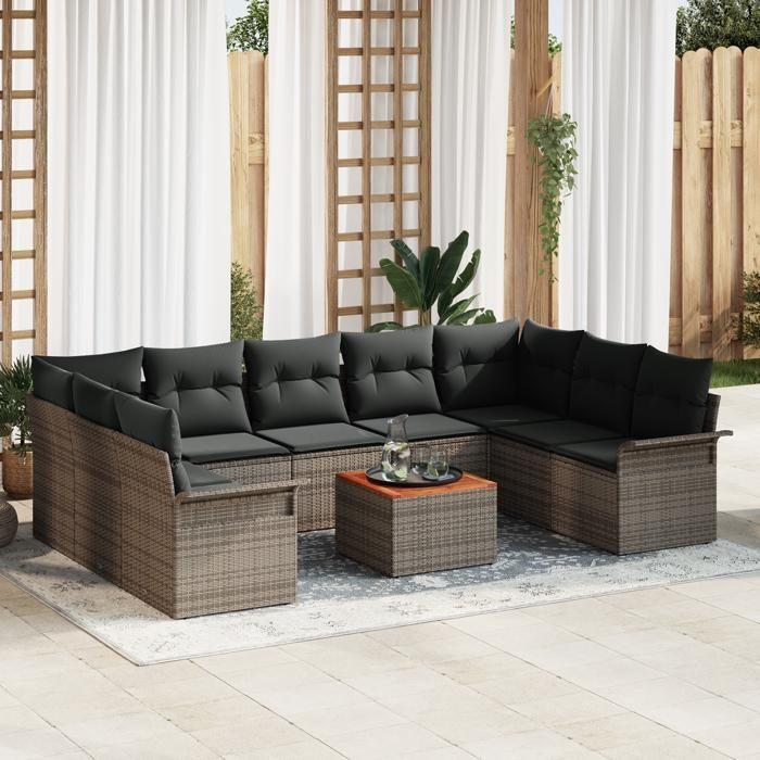 Ensemble de Canapés de Jardin 10 Pièces avec Coussins Gris Poly Rattan Acacia, Canapé de Jardin 2 Places avec Rangement 3356039