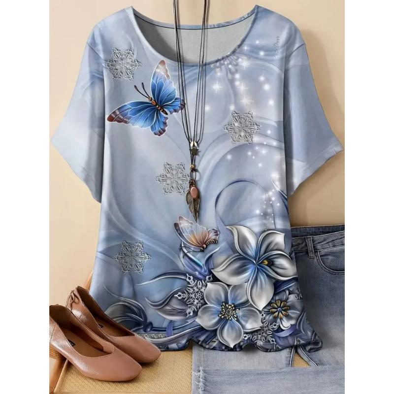 Camiseta de Manga Corta con Cuello Redondo y Estampado de Flores 3D para Mujer