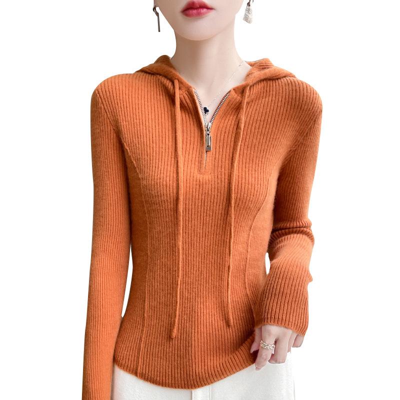 Women's Slim Fit Ribbed Wool Half-Zip Hoodie - Solid Color, Long Sleeve, Versatile for Autumn and Winter