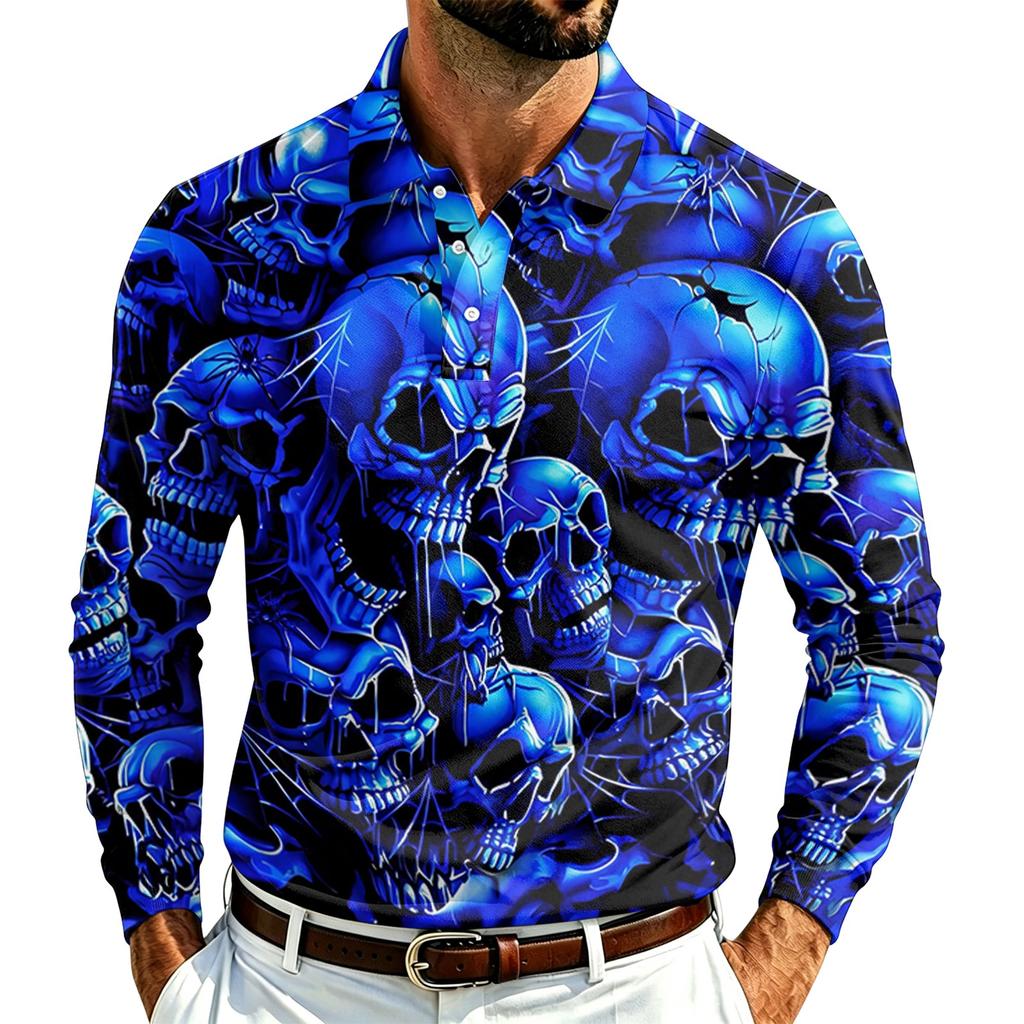 Men's Long Sleeve Mesh Shirt with Collar and Halloween Print Lightweight Breathable Top for Fall