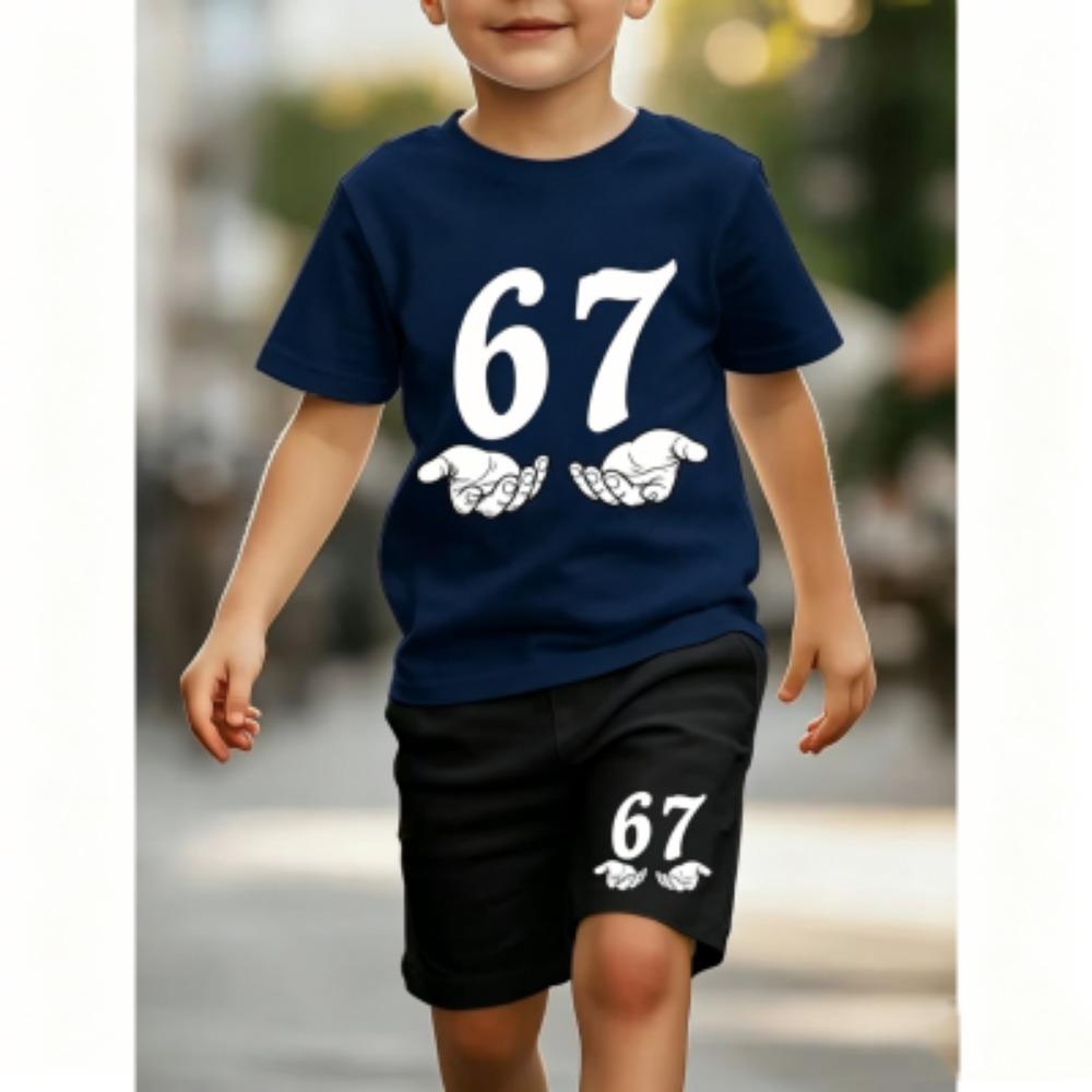 Fashion Funny 67 Palm Printed 11 Colors Kids T-shirt and Shorts 2 Piece Set Summer Home Outdoor Casual Outfit for Boy and Girl's T-shirt Sports Set