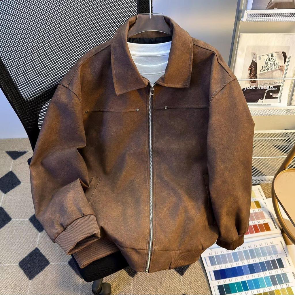 Men's Trendy Retro Brown Leather Baseball Jacket - Suede, Short, Roguish Style for Spring/Autumn