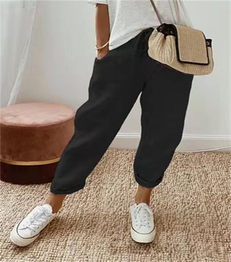 Dames Bomull Lin Bukser Snøring Elastisk Midje Harem Bukser Casual Ensfarvede Joggebukser med Lommer