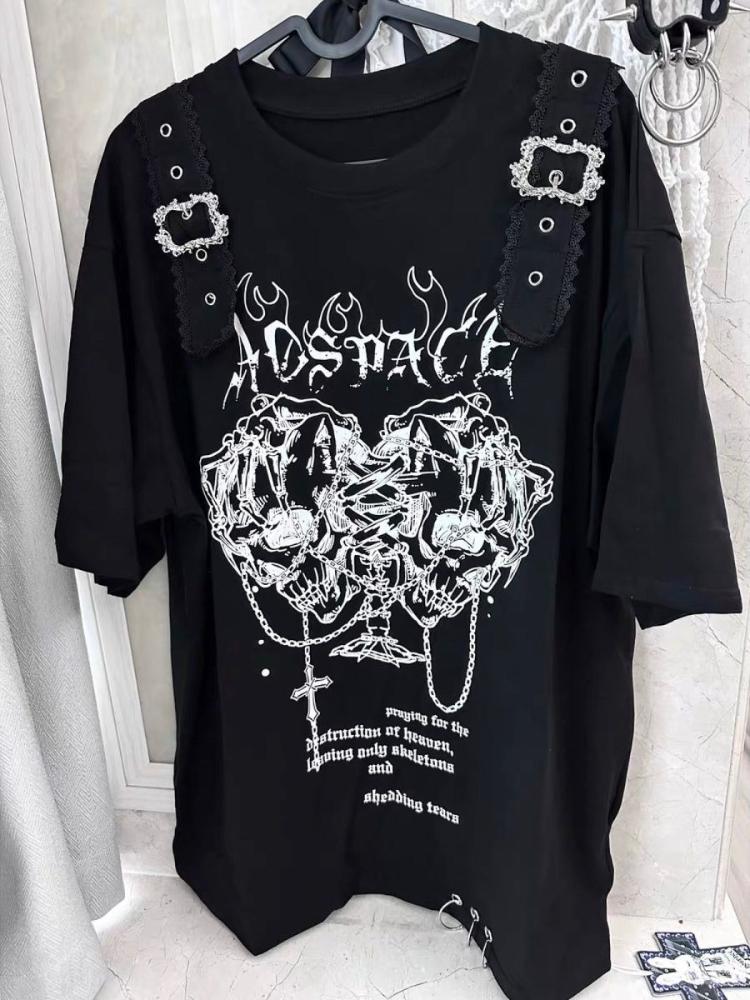 Punk Gothic Printed T-shirts Women Subculture Y2k Tees Elegant Retro T Shirt Black Casual Clothes 2026 Spring Vintage Tees