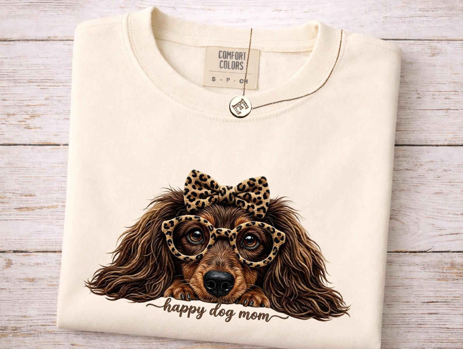 Happy dog mom shirt, long haired dachshund with leopard print glasses tee, doxie mama top, funny wiener dog graphic XL