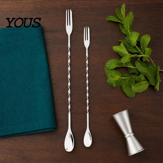 Long Handle Mixing Spoon Dual Head Bar Spoon, Cocktail Stirrers with Handle, Spiral Anti Slip Stainless Steel Drink Trident Tip for Coffee Drinks Tool